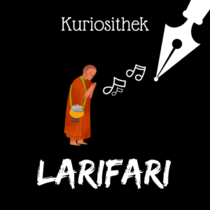 Weiße Schrift und Schreibfeder-Icon auf schwarzem Hintergrund: Oben steht "Kuriosithek". Unten steht "Larifari". Dazwischen ist ein Mönch mit schwebenden Musiknoten im Comic-Stil abgebildet. | Klopfecke - Texte mit Geist