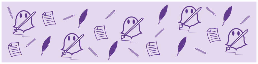 Violetter Klopfgeist "Inspiration" mit Schreibfeder-, Bleistift- und Schriftstück-Icons auf lavendelfarbenem Hintergrund für Blog | Klopfecke - Texte mit Geist