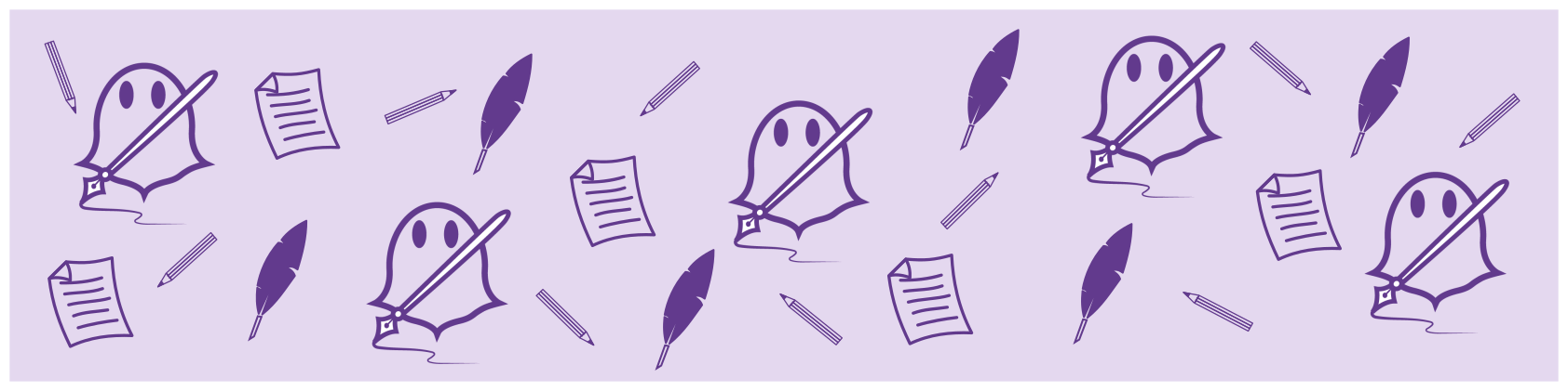 Violetter Klopfgeist "Inspiration" mit Schreibfeder-, Bleistift- und Schriftstück-Icons auf lavendelfarbenem Hintergrund für Blog | Klopfecke - Texte mit Geist