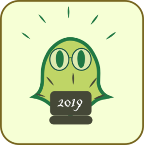 Grüner Klopfgeist "Interesse" vor dem Laptop mit Wunsch-Content für 2019 | Klopfecke - Texte mit Geist