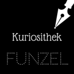 Weiße Schrift und Schreibfeder-Icon auf schwarzem Hintergrund: Kuriosithek - Funzel | Klopfecke - Texte mit Geist