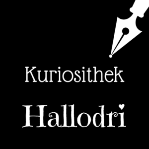 Weiße Schrift und Schreibfeder-Icon auf schwarzem Hintergrund: Kuriosithek - Hallodri | Klopfecke - Texte mit Geist