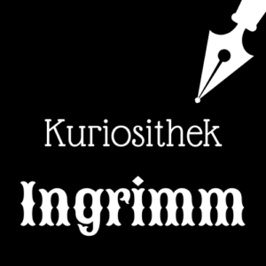 Weiße Schrift und Schreibfeder-Icon auf schwarzem Hintergrund: Kuriosithek - Ingrimm | Klopfecke - Texte mit Geist