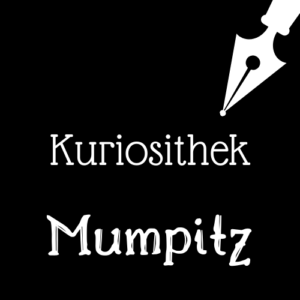 Weiße Schrift und Schreibfeder-Icon auf schwarzem Hintergrund: Kuriosithek - Larifari | Klopfecke - Texte mit Geist
