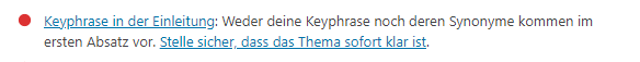 Meldung von Yoast: Keyphrase in der Einleitung