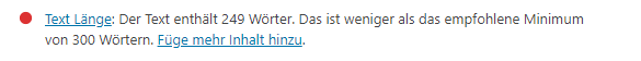 Meldung von Yoast: Textlänge