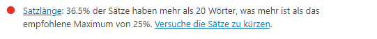 Meldung von Yoast: Satzlänge